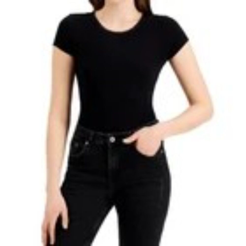 Self Esteem black ribbed lace trim cap sleeve bodysuit size Medium
